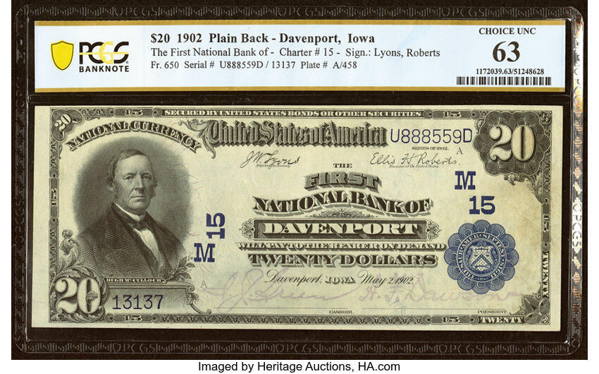 image for: Davenport, IA - $20 1902 Plain Back Fr. 650 The First National Bank Ch. # (M)15 PCGS Banknote Choice Unc 63....