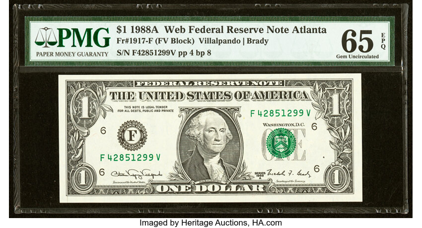 image for: Fr. 1917-F $1 1988A Web Press Experimental Federal Reserve Note. PMG Gem Uncirculated 65 EPQ....