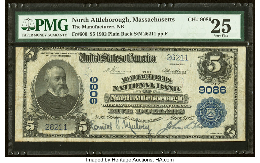 image for: North Attleborough, MA - $5 1902 Plain Back Fr. 600 The Manufacturers National Bank Ch. # 9086 PMG Very Fine 25....