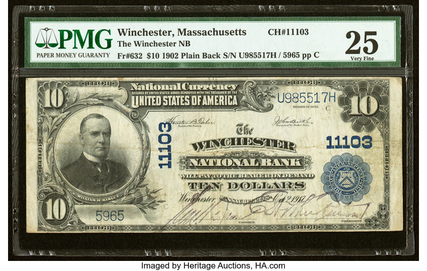image for: Winchester, MA - $10 1902 Plain Back Fr. 632 The Winchester National Bank Ch. # 11103 PMG Very Fine 25....