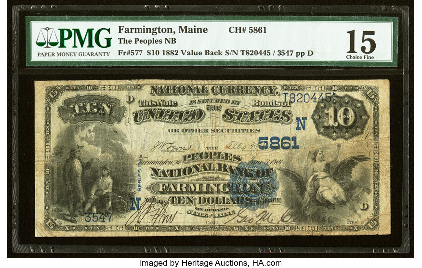 image for: Farmington, ME - $10 1882 Value Back Fr. 577 The Peoples National Bank Ch. # (N)5861 PMG Choice Fine 15....