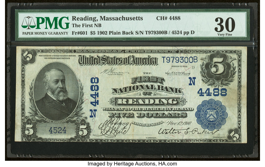 image for: Reading, MA - $5 1902 Plain Back Fr. 601 The First National Bank Ch. # (N)4488 PMG Very Fine 30....