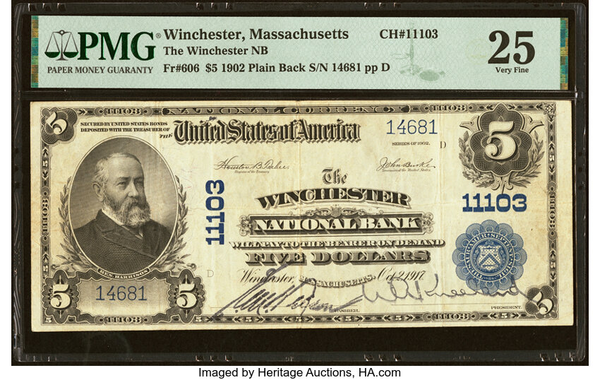 image for: Winchester, MA - $5 1902 Plain Back Fr. 606 The Winchester National Bank Ch. # 11103 PMG Very Fine 25....
