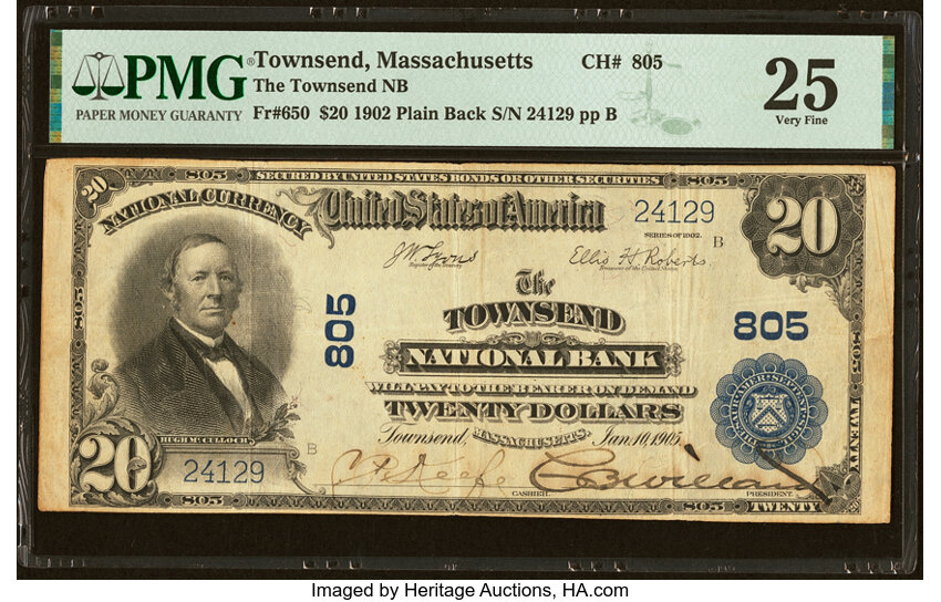 image for: Townsend, MA - $20 1902 Plain Back Fr. 650 The Townsend National Bank Ch. # 805 PMG Very Fine 25....