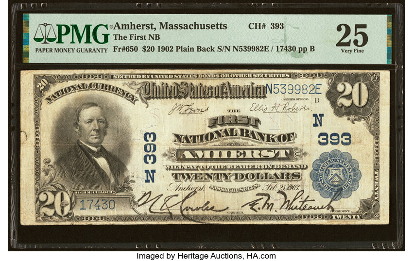 image for: Amherst, MA - $20 1902 Plain Back Fr. 650 The First National Bank Ch. # (N)393 PMG Very Fine 25....