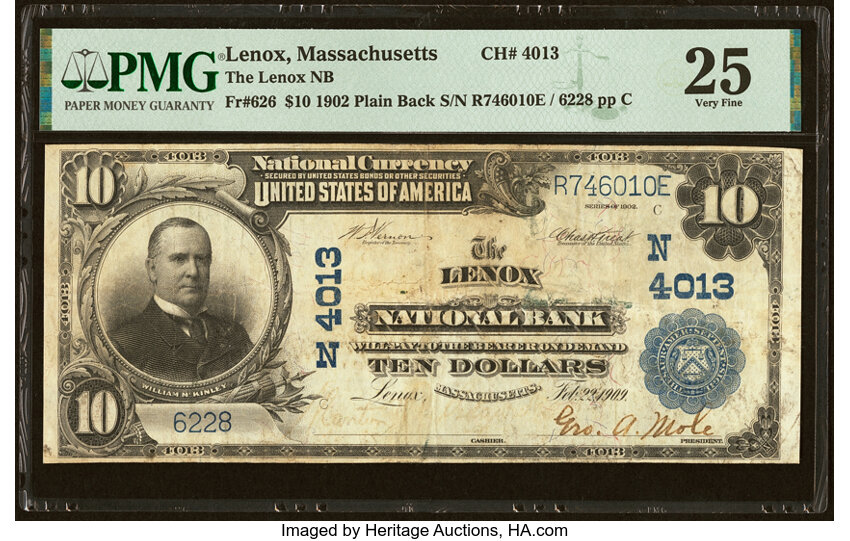 image for: Lenox, MA - $10 1902 Plain Back Fr. 626 The Lenox National Bank Ch. # (N)4013 PMG Very Fine 25....