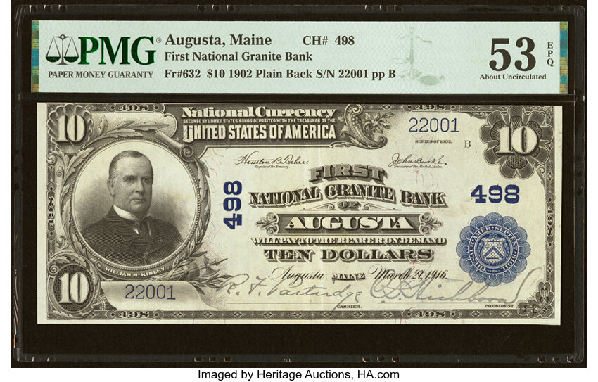 image for: Augusta, ME - $10 1902 Plain Back Fr. 632 First National Granite Bank Ch. # 498 PMG About Uncirculated 53 EPQ....