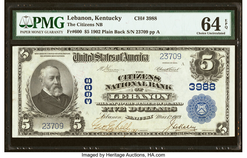 image for: Lebanon, KY - $5 1902 Plain Back Fr. 600 The Citizens National Bank Ch. # 3988 PMG Choice Uncirculated 64 EPQ....