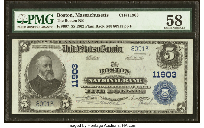 image for: Boston, MA - $5 1902 Plain Back Fr. 607 The Boston National Bank Ch. # 11903 PMG Choice About Unc 58....