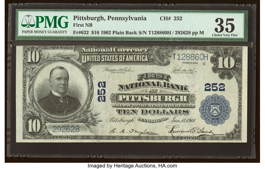 image for: Pittsburgh, PA - $10 1902 Plain Back Fr. 632 The First National Bank Ch. # 252 PMG Choice Very Fine 35....
