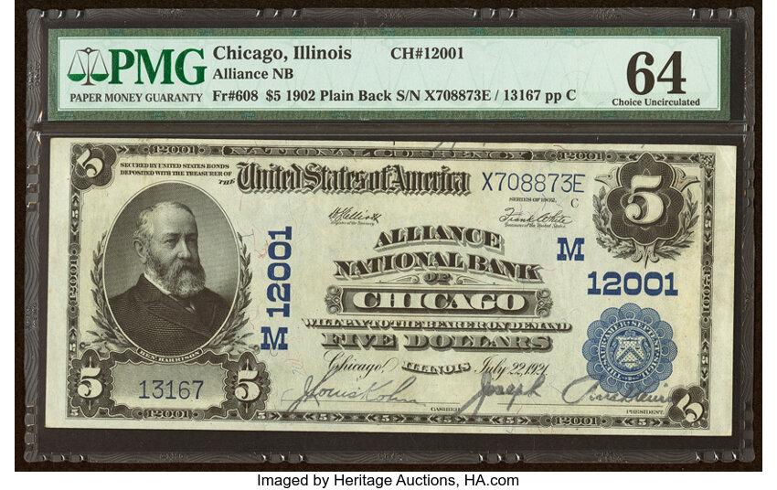 image for: Chicago, IL - $5 1902 Plain Back Fr. 608 Alliance National Bank Ch. # (M)12001 PMG Choice Uncirculated 64....