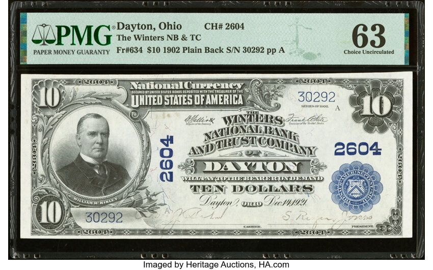 image for: Dayton, OH - $10 1902 Plain Back Fr. 634 The Winters National Bank & Trust Company Ch. # 2604 PMG Choice Uncirculated 63....