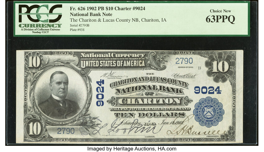 image for: Chariton, IA - $10 1902 Plain Back Fr. 626 The Chariton & Lucas County National Bank Ch. # 9024 PCGS Choice New 63PPQ....