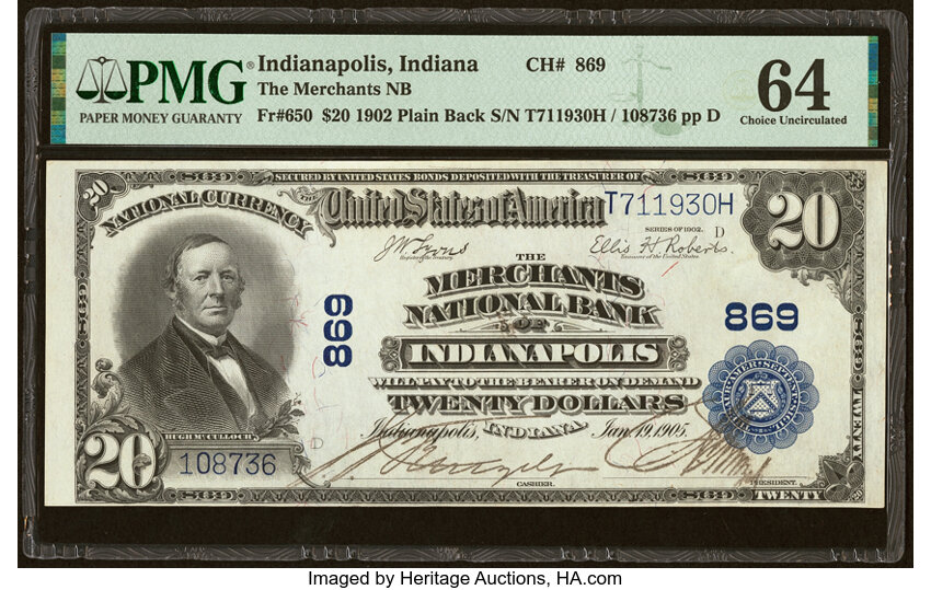 image for: Indianapolis, IN - $20 1902 Plain Back Fr. 650 The Merchants National Bank Ch. # 869 PMG Choice Uncirculated 64....