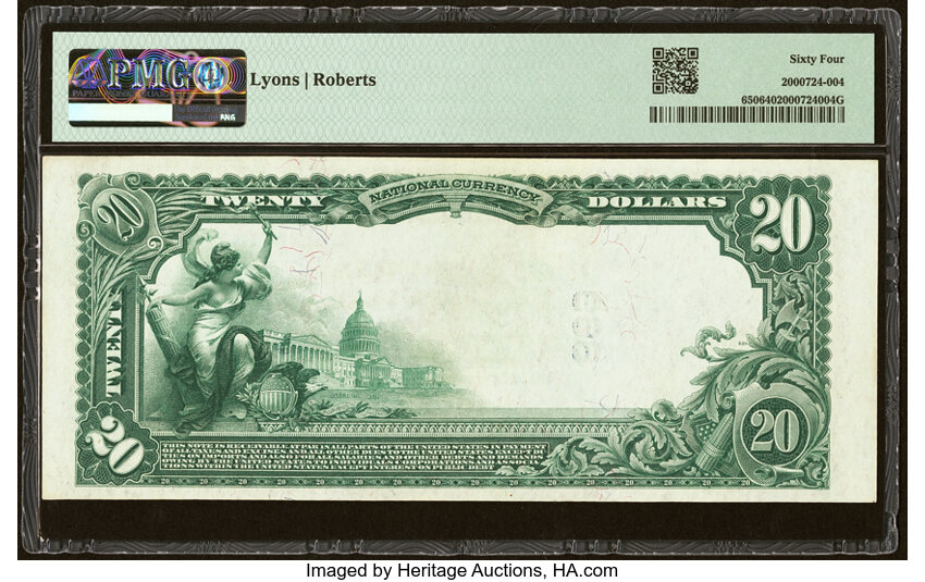 image for: Indianapolis, IN - $20 1902 Plain Back Fr. 650 The Merchants National Bank Ch. # 869 PMG Choice Uncirculated 64....