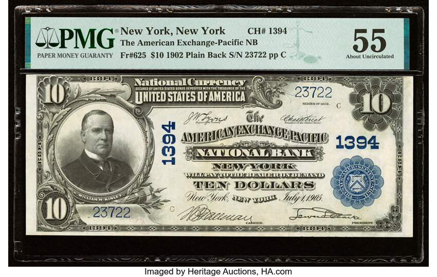 image for: New York, NY - $10 1902 Plain Back Fr. 625 The American Exchange Pacific National Bank Ch. # 1394 PMG About Uncirculated 55....