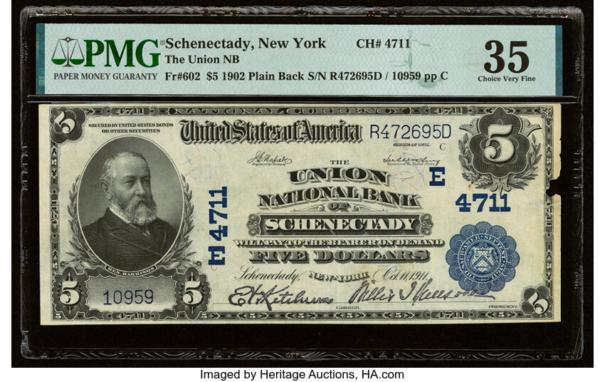 image for: Schenectady, NY - $5 1902 Plain Back Fr. 602 The Union National Bank Ch. # (E)4711 PMG Choice Very Fine 35....