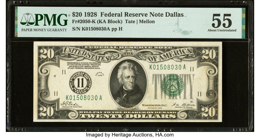 image for: Fr. 2050-K $20 1928 Federal Reserve Note. PMG About Uncirculated 55....