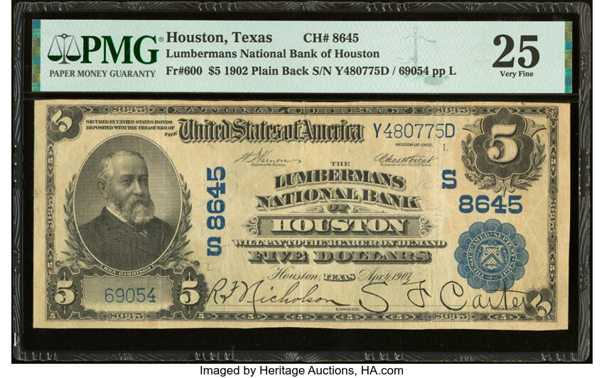image for: Houston, TX - $5 1902 Plain Back Fr. 600 The Lumbermans National Bank Ch. # (S)8645 PMG Very Fine 25....