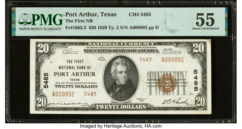 image for: Port Arthur, TX - $20 1929 Ty. 2 The First National Bank Ch. # 5485 PMG About Uncirculated 55....