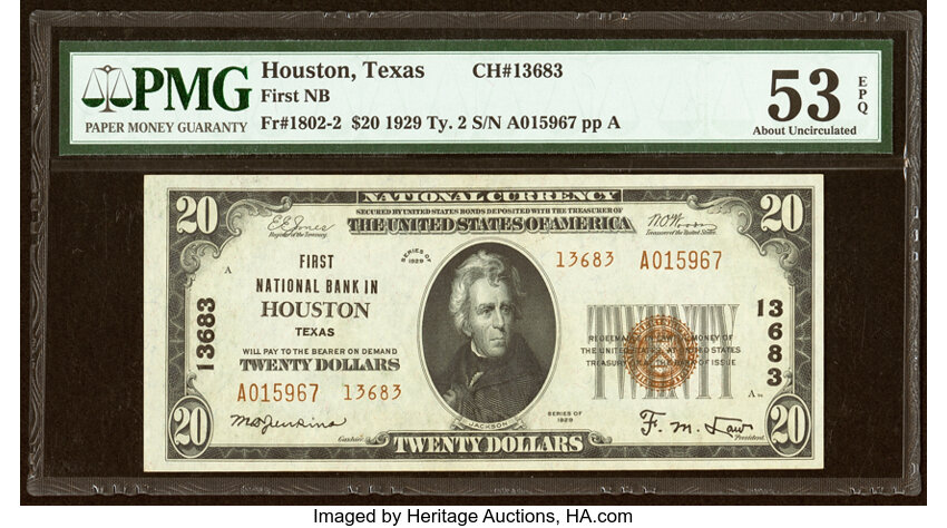 image for: Houston, TX - $20 1929 Ty. 2 First National Bank Ch. # 13683 PMG About Uncirculated 53 EPQ....