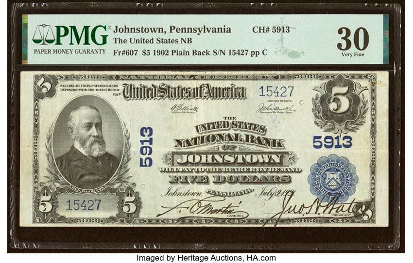 image for: Johnstown, PA - $5 1902 Plain Back Fr. 607 The United States National Bank Ch. # 5913 PMG Very Fine 30....