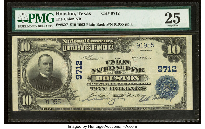image for: Houston, TX - $10 1902 Plain Back Fr. 627 The Union National Bank Ch. # 9712 PMG Very Fine 25....
