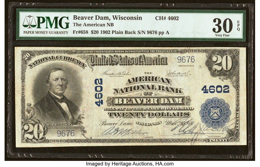 image for: Beaver Dam, WI - $20 1902 Plain Back Fr. 658 The American National Bank Ch. # 4602 PMG Very Fine 30 EPQ....