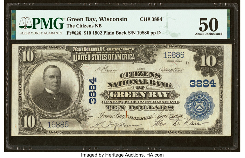 image for: Green Bay, WI - $10 1902 Plain Back Fr. 626 The Citizens National Bank Ch. # 3884 PMG About Uncirculated 50....