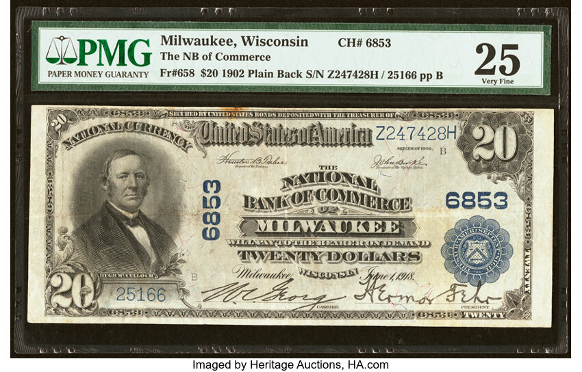 image for: Milwaukee, WI - $20 1902 Plain Back Fr. 658 The National Bank of Commerce Ch. # 6853 PMG Very Fine 25....