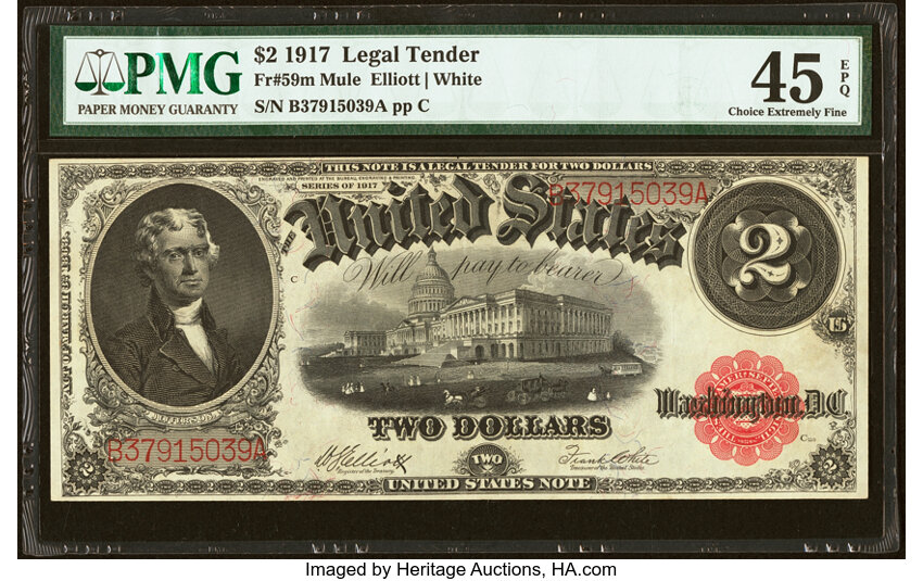 image for: Fr. 59 $2 1917 Mule Legal Tender PMG Choice Extremely Fine 45 EPQ....