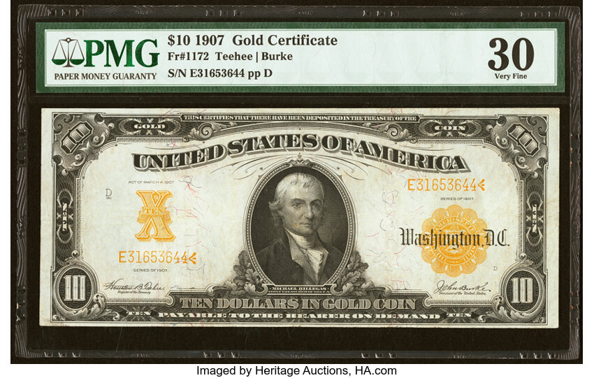 image for: Fr. 1172 $10 1907 Gold Certificate PMG Very Fine 30....