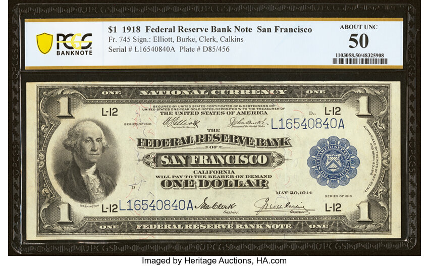 image for: Fr. 745 $1 1918 Federal Reserve Bank Note PCGS Banknote About Unc 50....