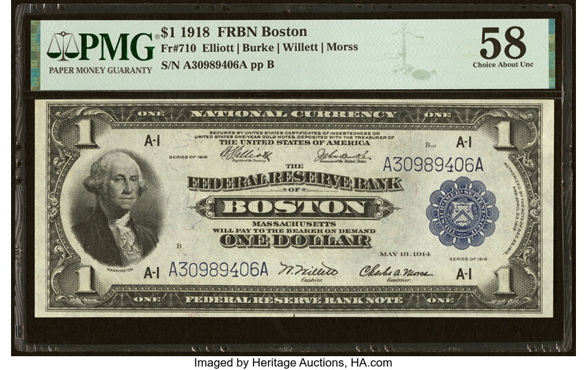 image for: Fr. 710 $1 1918 Federal Reserve Bank Note PMG Choice About Unc 58....