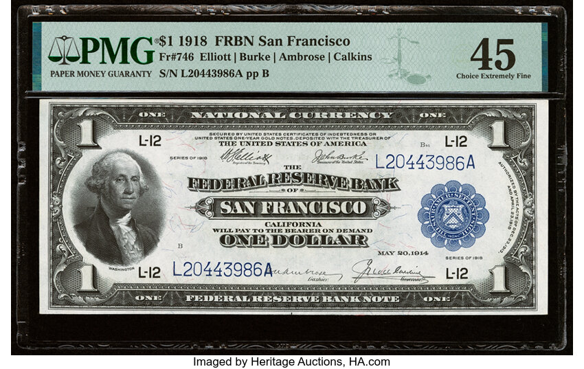 image for: Fr. 746 $1 1918 Federal Reserve Bank Note PMG Choice Extremely Fine 45....