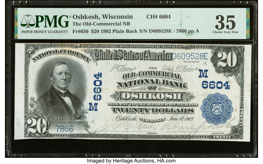 image for: Oshkosh, WI - $20 1902 Plain Back Fr. 650 The Old-Commercial National Bank Ch. # 6604 PMG Choice Very Fine 35....
