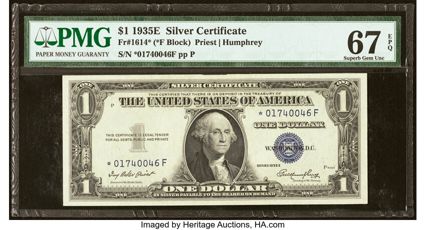 image for: Fr. 1614* $1 1935E Silver Certificate Star Note. *-F Block. PMG Superb Gem Unc 67 EPQ....