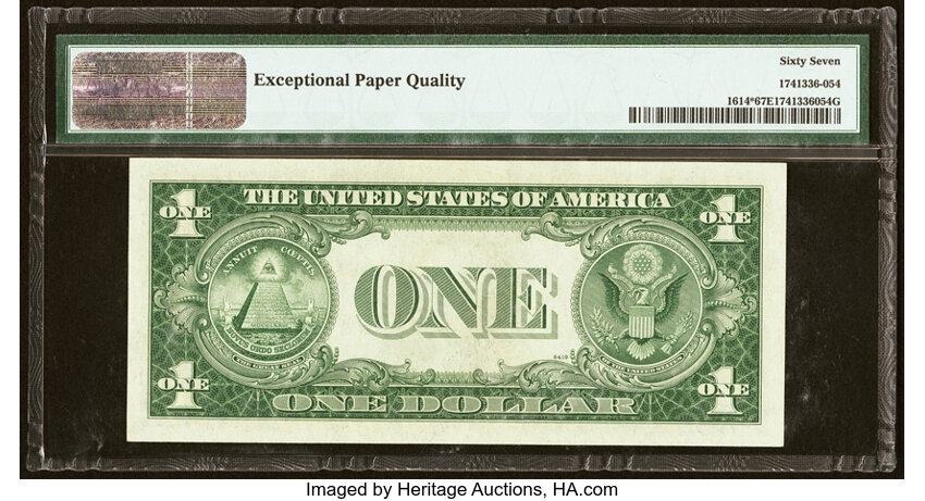 image for: Fr. 1614* $1 1935E Silver Certificate Star Note. *-F Block. PMG Superb Gem Unc 67 EPQ....