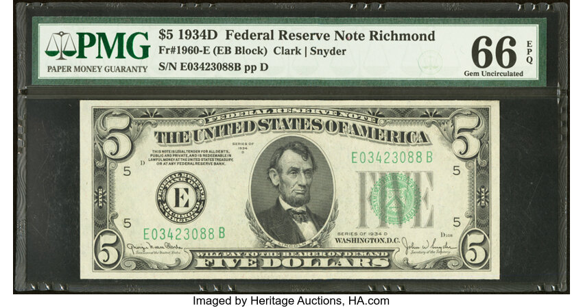 image for: Fr. 1960-E $5 1934D Federal Reserve Note. PMG Gem Uncirculated 66 EPQ....