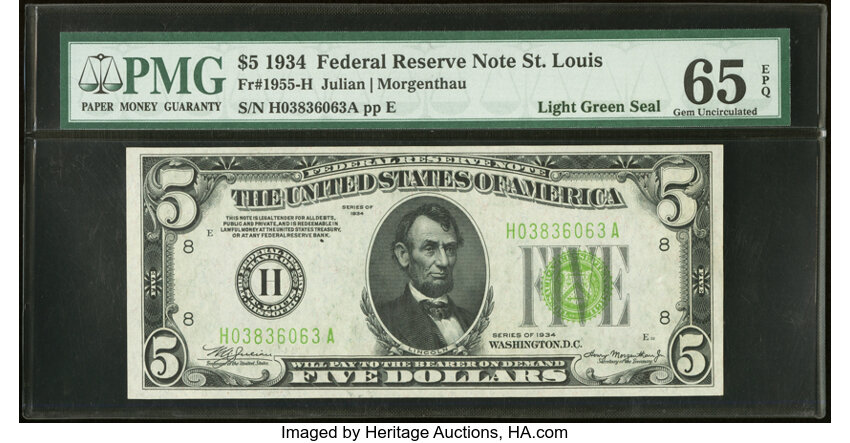 image for: Fr. 1955-H $5 1934 Light Green Seal Federal Reserve Note. PMG Gem Uncirculated 65 EPQ....