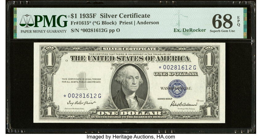 image for: Fr. 1615* $1 1935F Silver Certificate Star Note. PMG Superb Gem Unc 68 EPQ....