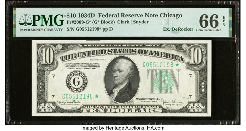 image for: Fr. 2009-G* $10 1934D Federal Reserve Star Note. PMG Gem Uncirculated 66 EPQ....