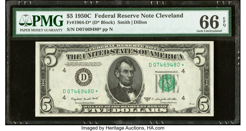 image for: Fr. 1964-D* $5 1950C Federal Reserve Star Note. PMG Gem Uncirculated 66 EPQ....