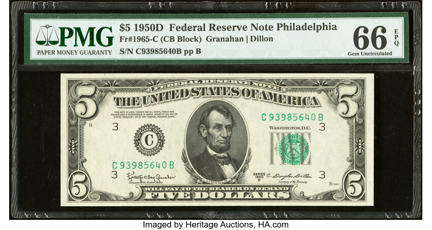 image for: Fr. 1965-C $5 1950D Federal Reserve Note. PMG Gem Uncirculated 66 EPQ....