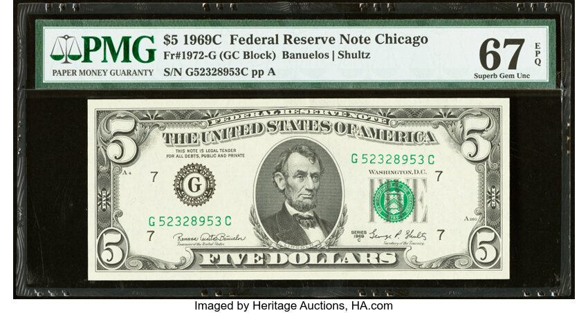 image for: Fr. 1972-G $5 1969C Federal Reserve Note. PMG Superb Gem Unc 67 EPQ....
