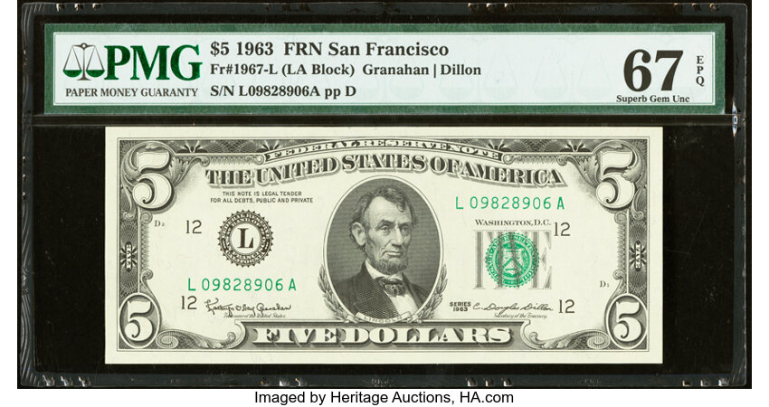 image for: Fr. 1967-L $5 1963 Federal Reserve Note. PMG Superb Gem Unc 67 EPQ....