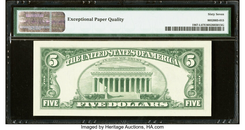 image for: Fr. 1967-L $5 1963 Federal Reserve Note. PMG Superb Gem Unc 67 EPQ....
