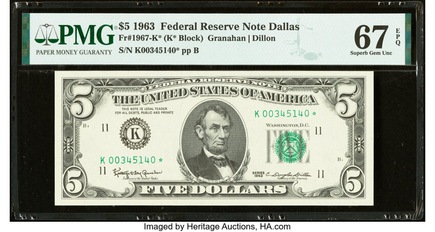 image for: Fr. 1967-K* $5 1963 Federal Reserve Star Note. PMG Superb Gem Unc 67 EPQ....
