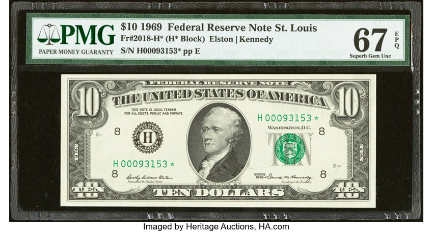image for: Fr. 2018-H* $10 1969 Federal Reserve Star Note. PMG Superb Gem Unc 67 EPQ....