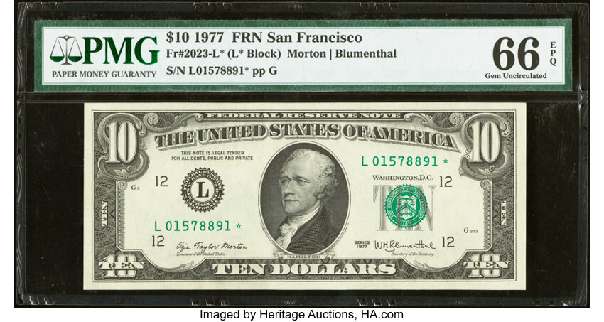 image for: Fr. 2023-L* $10 1977 Federal Reserve Star Note. PMG Gem Uncirculated 66 EPQ....